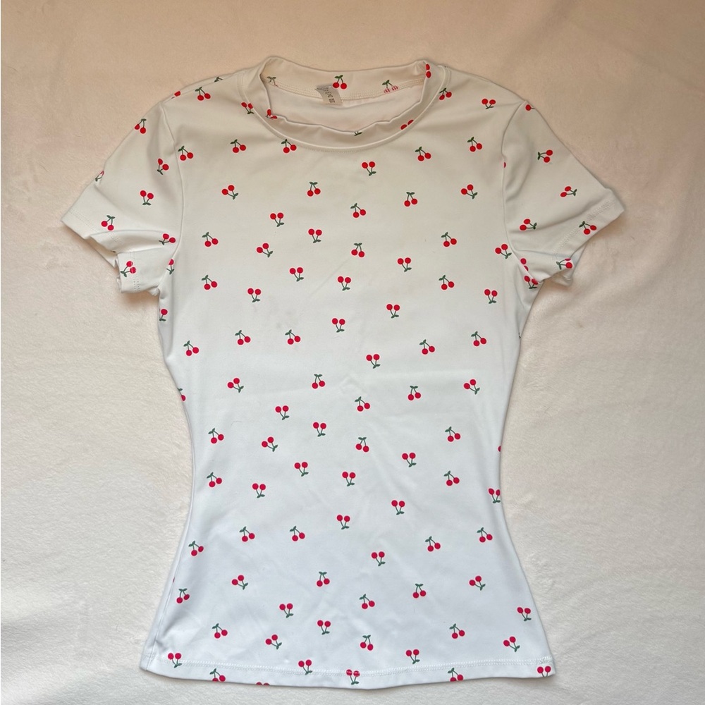 white cherry print women’s top